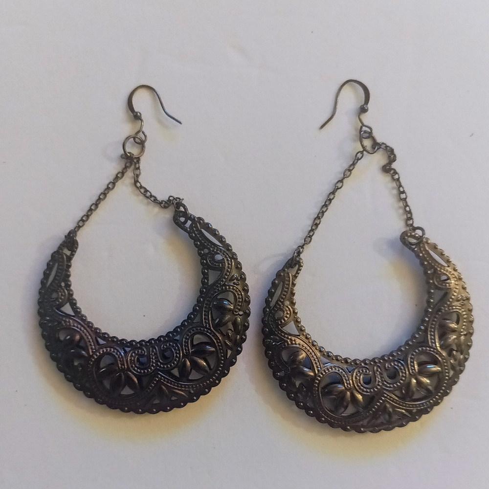 Filigree HalfMoon Crescent Dangle Hoop Earring Gypsy Boho Tribe Celestial Pierce